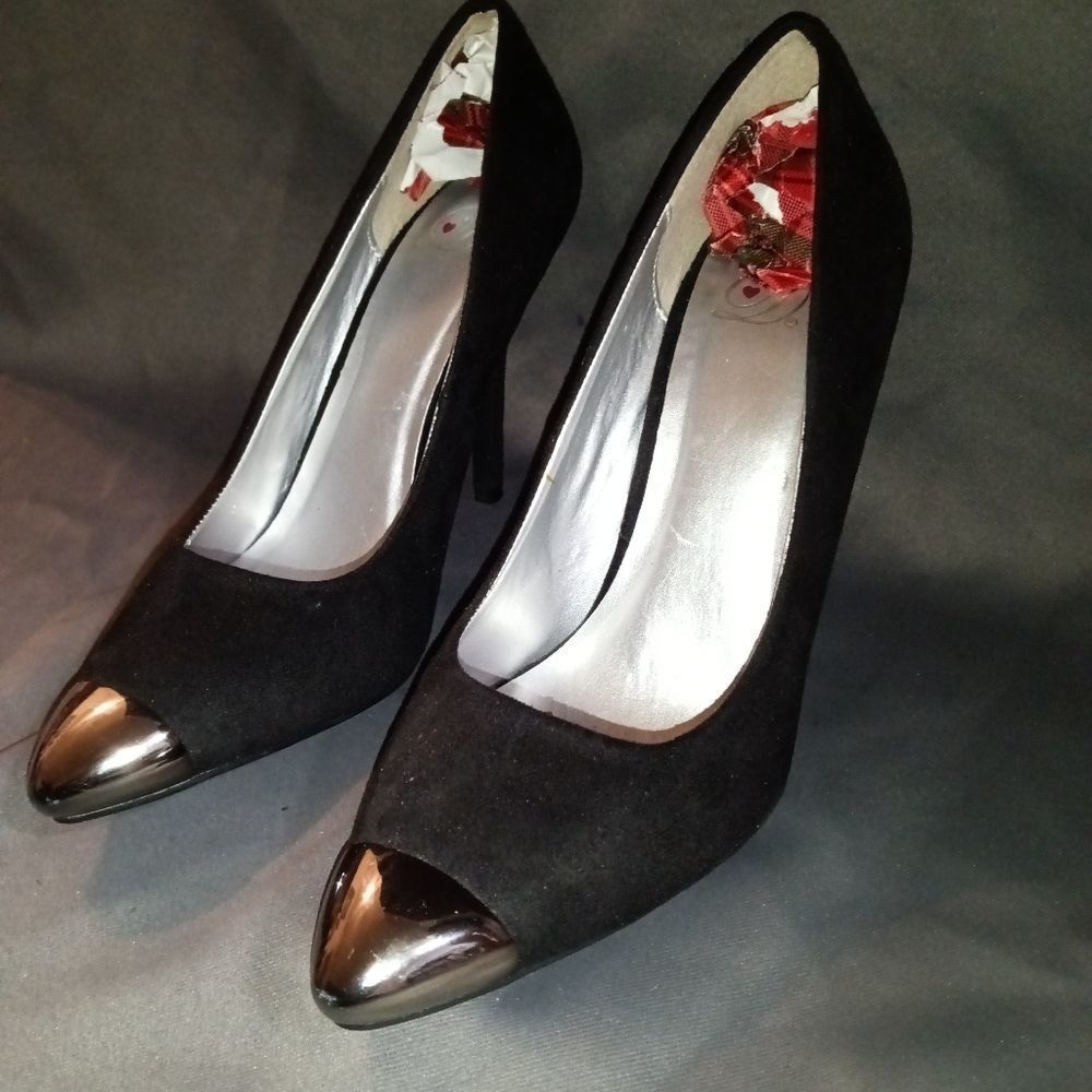 Delights 9.5 cone heel, black felt pointed heels w silver tip